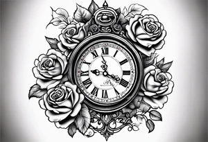 Half sleeve on arm of beautiful old fashion clock with roses, cherubs, angels, and the name chase Peter in a scroll tattoo idea