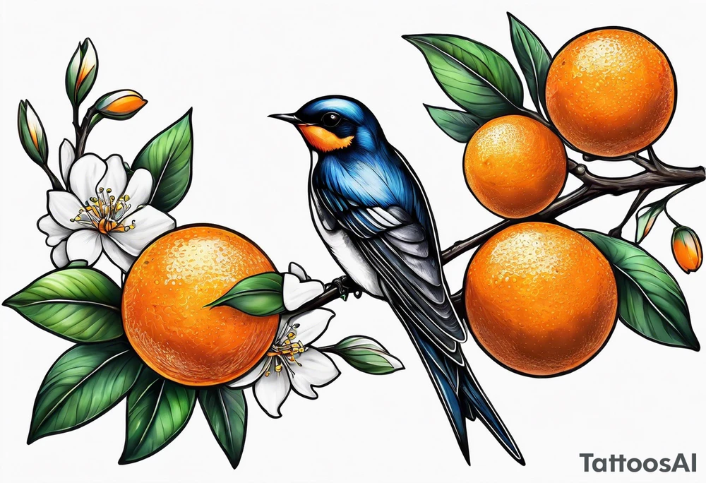 swallow sitting on an orange blossom branch with its wings up tattoo idea