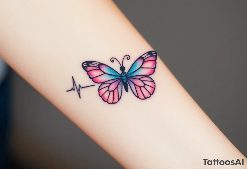 A heartbeat line transforming into a butterfly, with delicate wings painted in pastel pinks and blues, symbolizing transformation and love. tattoo idea
