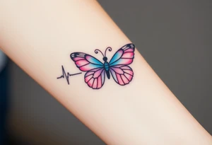 A heartbeat line transforming into a butterfly, with delicate wings painted in pastel pinks and blues, symbolizing transformation and love. tattoo idea