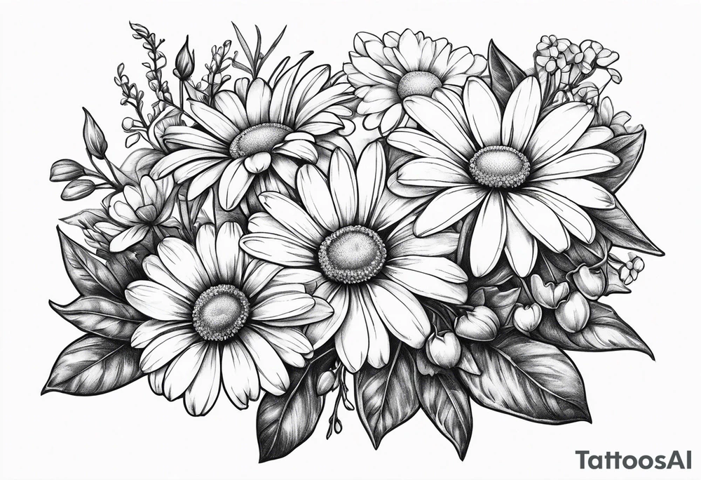 Bouquet of daisies and violets tattoo idea