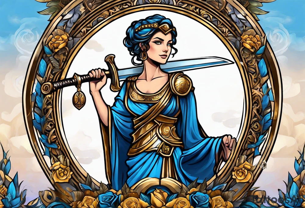 ancient rome clothes women, with Libra in one hand and a sword in the other, blue rose frames, justicia tattoo idea