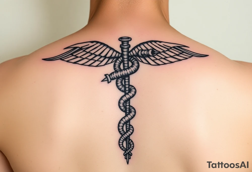 caduceus style Dune sandworm tattoo on the back tattoo idea