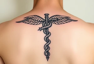 caduceus style Dune sandworm tattoo on the back tattoo idea
