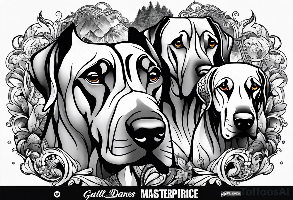 Full arm sleeve. Great Danes in waterfall tattoo idea
