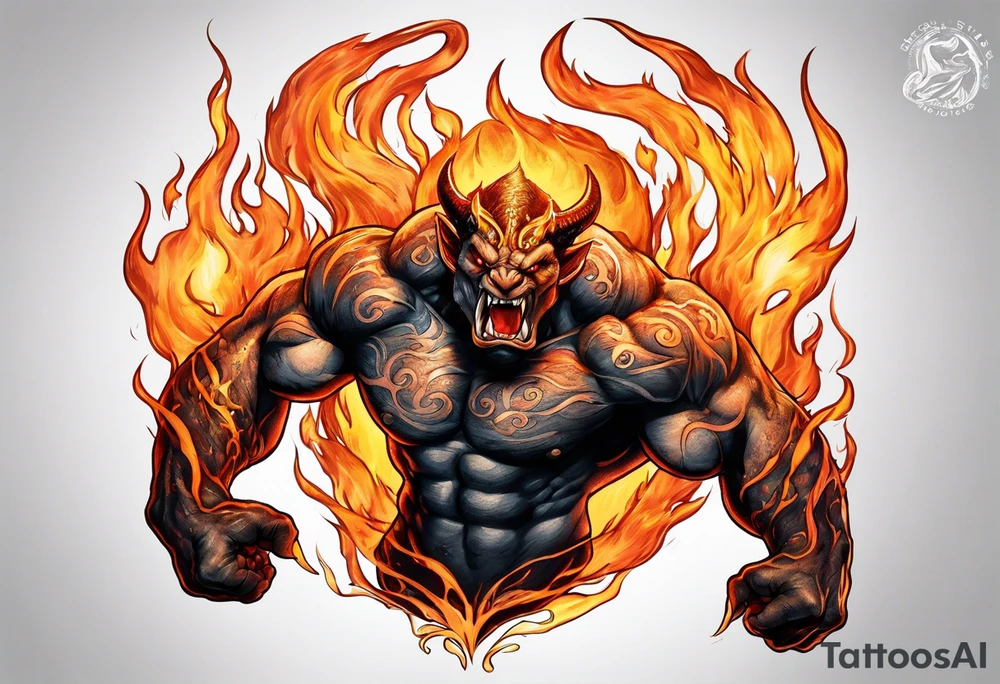 Balrog from lord of the rings flexing, wreathed in flame tattoo idea