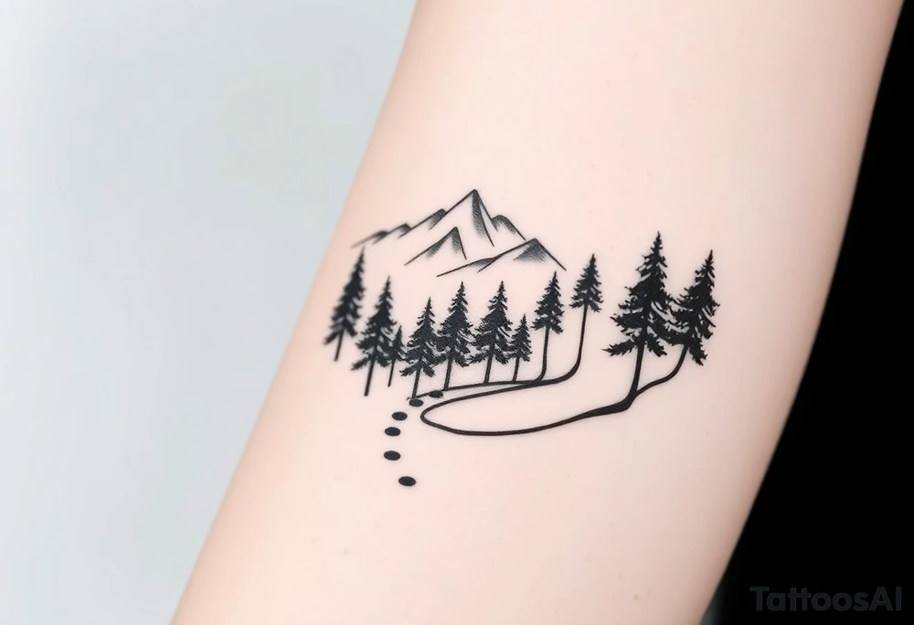 Winding path fading into misty forest, re-emerging toward distant mountains. Dark trees, bright peaks. Black and white, minimalist tattoo idea