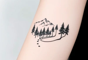 Winding path fading into misty forest, re-emerging toward distant mountains. Dark trees, bright peaks. Black and white, minimalist tattoo idea