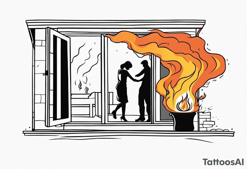 two people slow dancing in a burning room but the outside of the house is burning and you can only see them through a small window tattoo idea