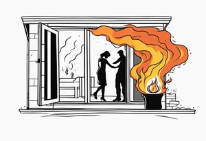 two people slow dancing in a burning room but the outside of the house is burning and you can only see them through a small window tattoo idea