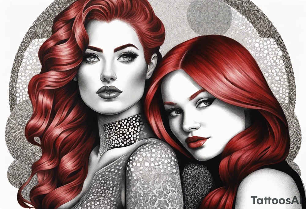 Busty red haired woman with a bearded man who has black hair tattoo idea