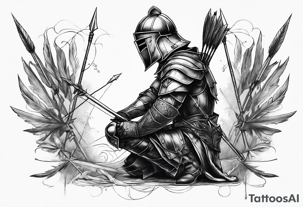 Side profile of a wounded knight on his knees with five arrows sticking out of his back tattoo idea