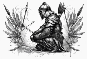 Side profile of a wounded knight on his knees with five arrows sticking out of his back tattoo idea