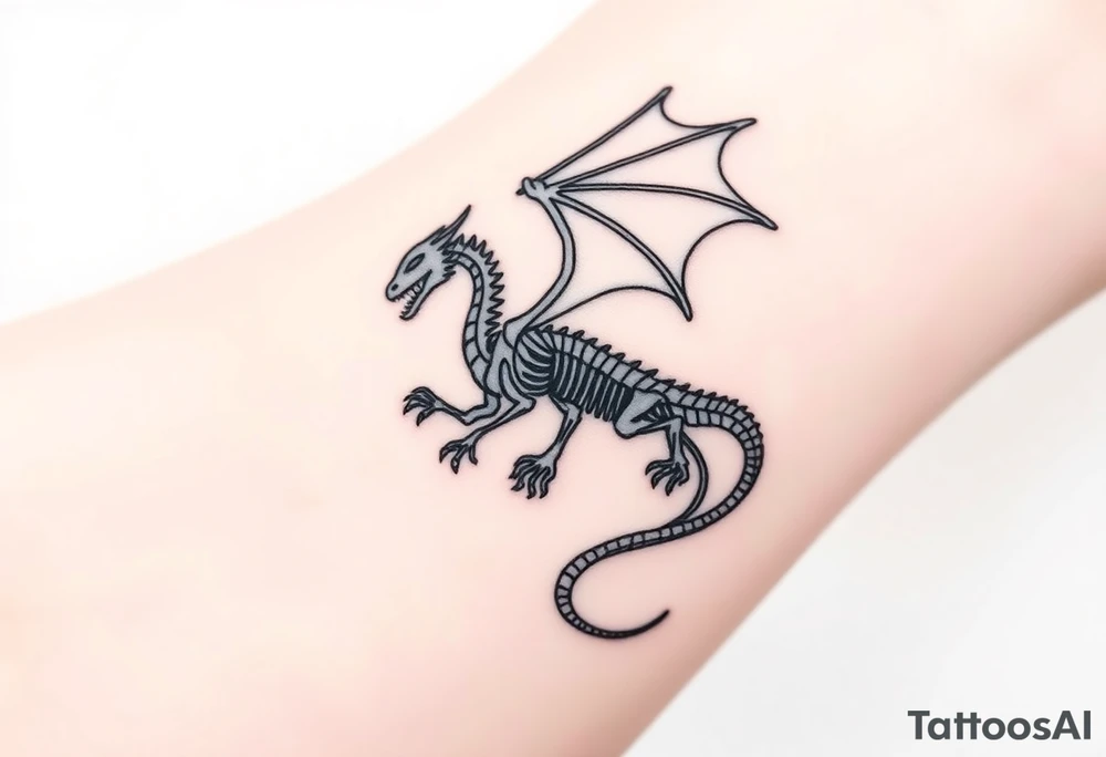 Tattoo for stardust dragon from yo gi oh 
A modern, minimalist approach using very thin black lines to outline the dragon's skeleton, surrounded by small geometric circles representing cosmic orbits or Synchro rings.
Key Feature: High precision and a clean, sophisticated look. tattoo idea