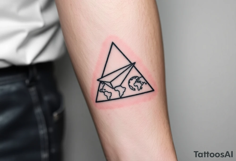 Geometric small triangle with a paper plane flying around the world while being psychedelic with fine thin lines tattoo idea