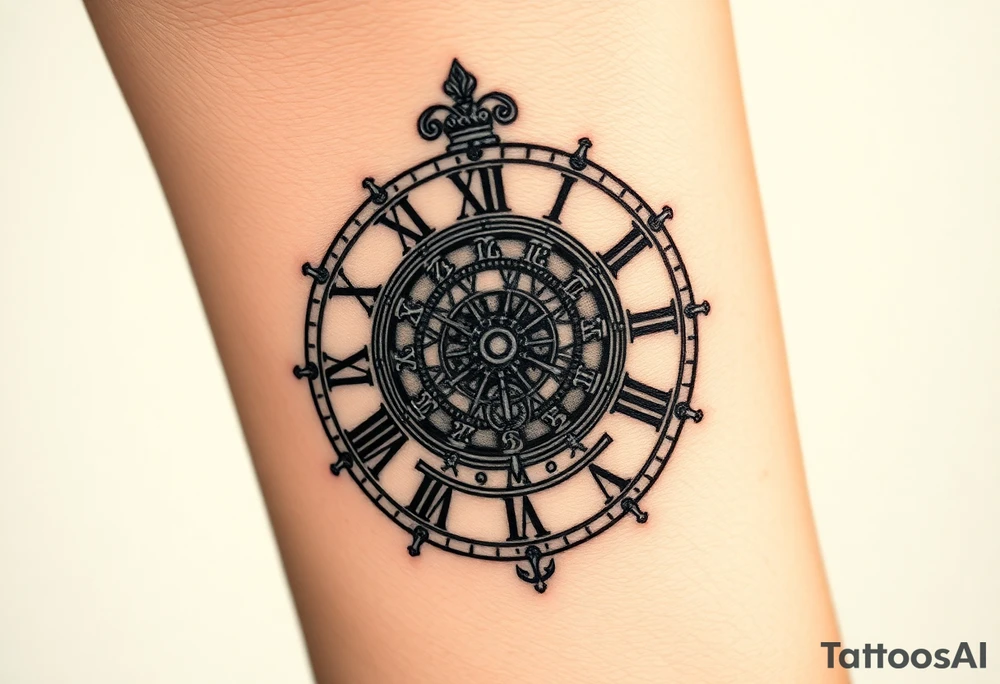 vintage roman numerals within ornate clockwork mechanism tattoo idea