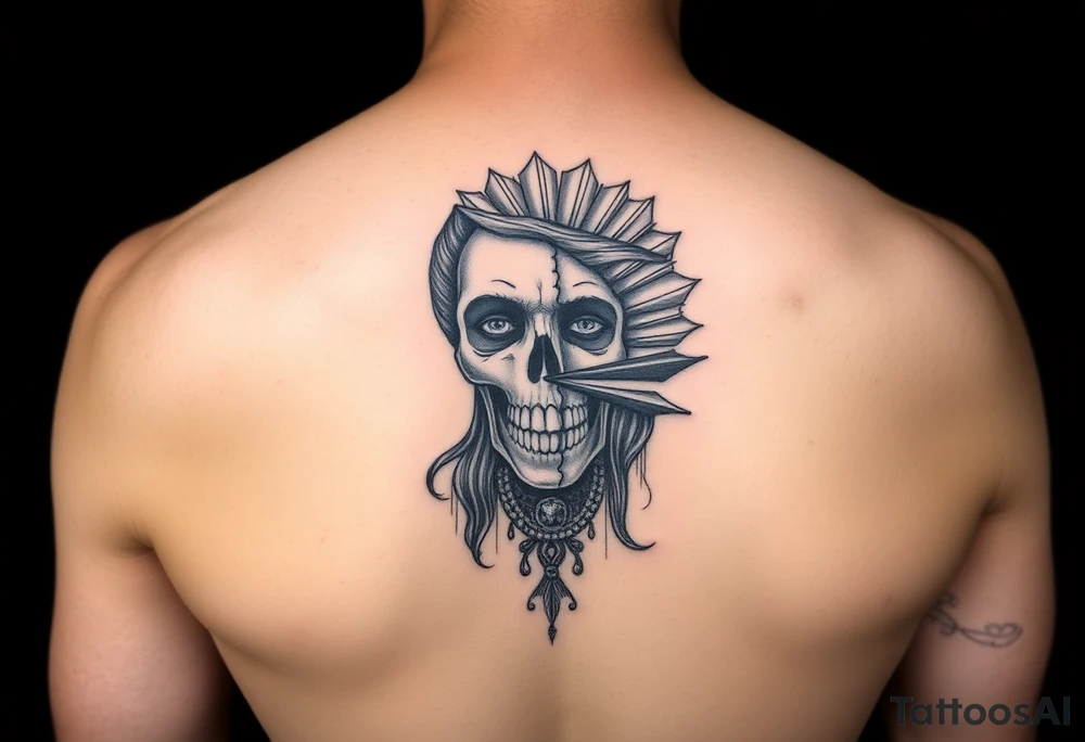 Samaria girl half face and half skeleton with a fan across her face tattoo idea