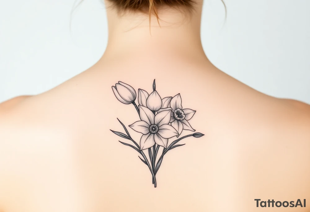 tulips, lily and daffodil clustered together tattoo idea