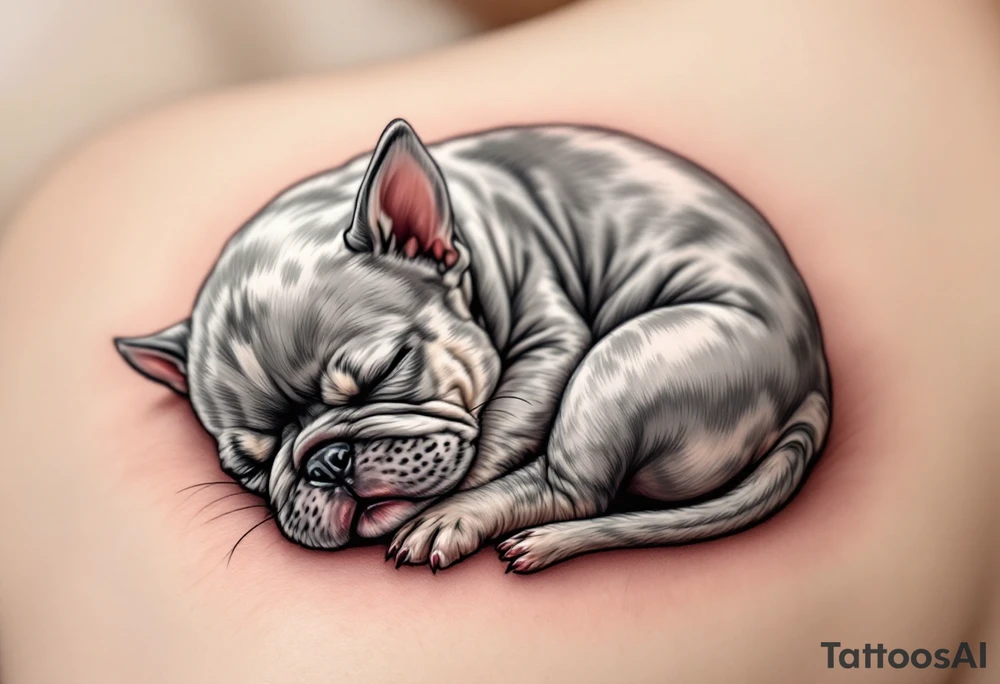 Sleeping French Bulldog puppy curled up in a ball, with light gray fur and subtle cream highlights, set on a cozy pillow. tattoo idea