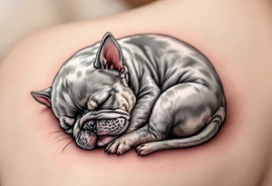 Sleeping French Bulldog puppy curled up in a ball, with light gray fur and subtle cream highlights, set on a cozy pillow. tattoo idea