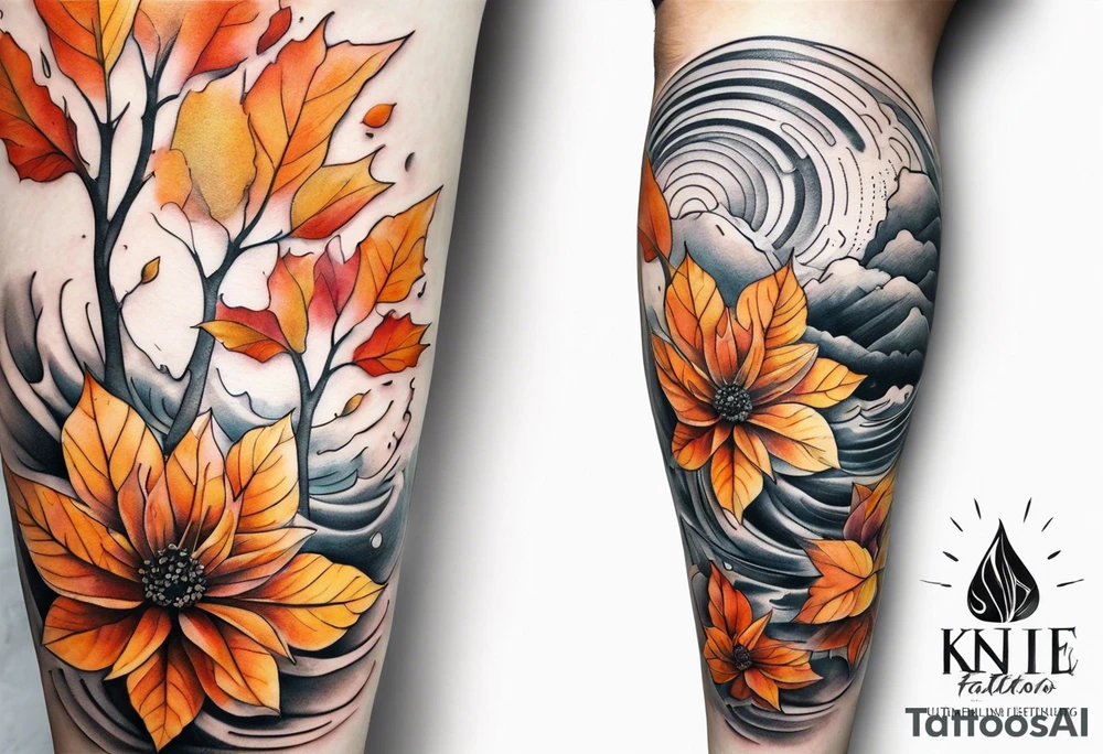 Knee tattoo in fall colors with water flow washes tattoo idea