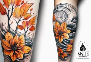 Knee tattoo in fall colors with water flow washes tattoo idea