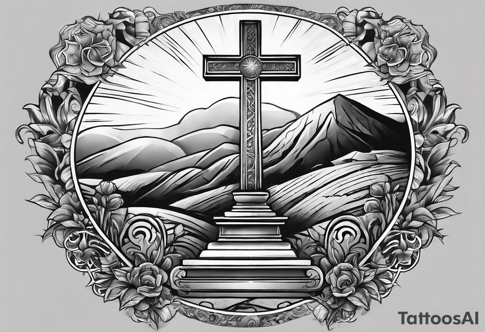 Tomb with cross and sun in the background tattoo idea
