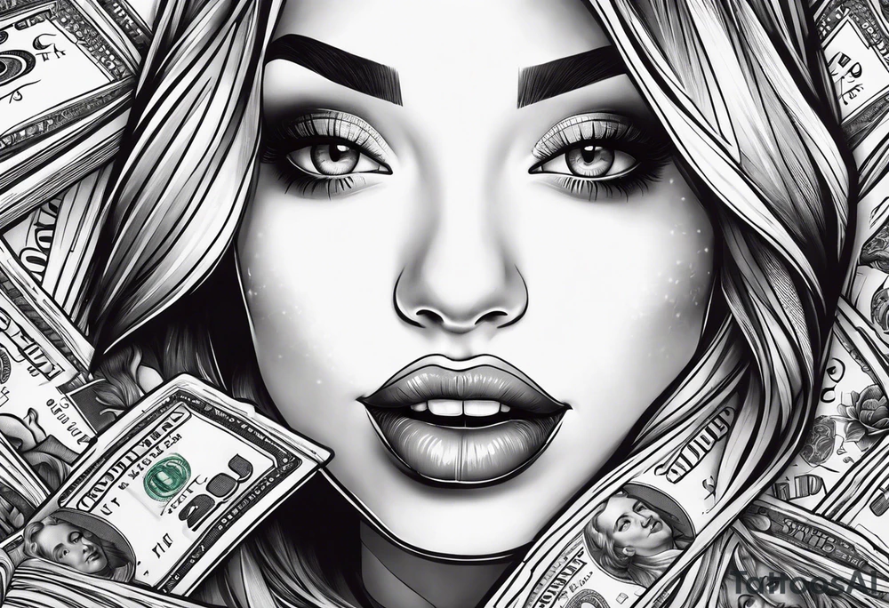 Girl mouth lips teeth and money tattoo idea
