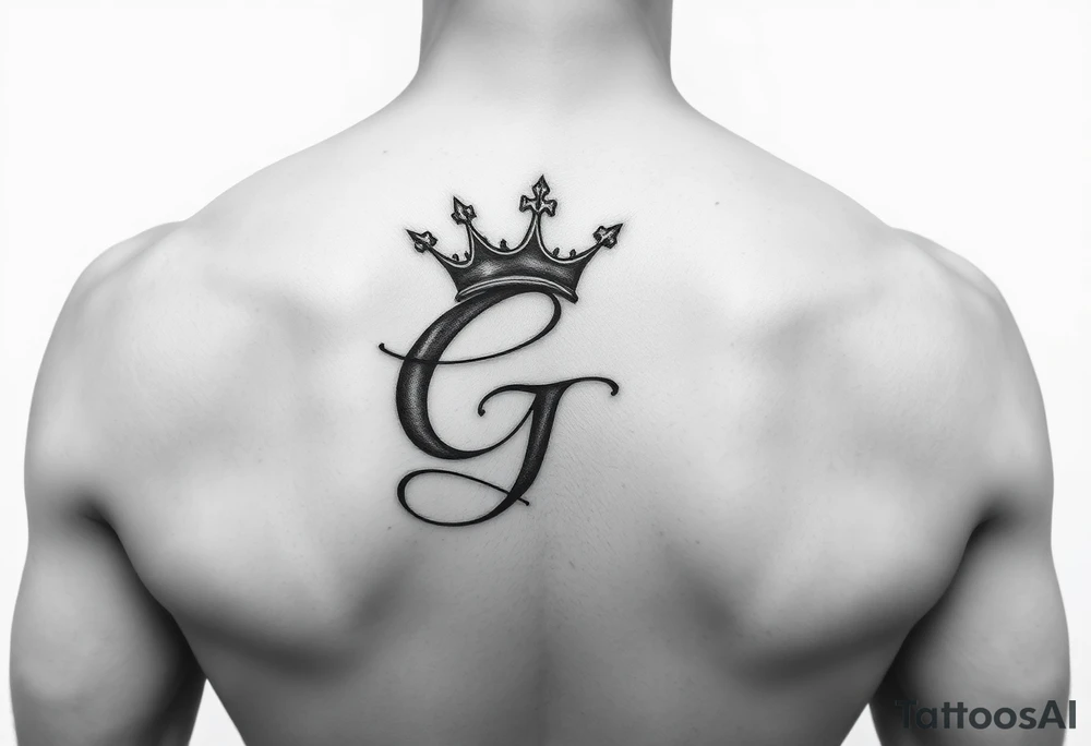 Capital G letter handwritten script with a crown tilted to the left on the front right shoulder tattoo idea