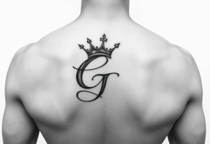 Capital G letter handwritten script with a crown tilted to the left on the front right shoulder tattoo idea