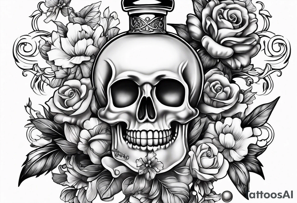 Pearl necklace wrapped around 1950s perfume bottle with flowers and bows surrounding tattoo idea