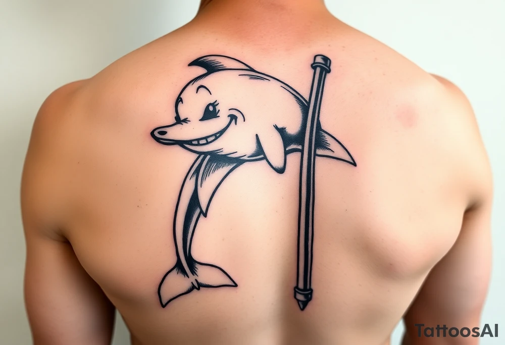 Cartoon dolphin on a stripper pole with a mischievous face tattoo idea