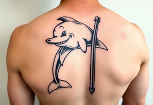 Cartoon dolphin on a stripper pole with a mischievous face tattoo idea