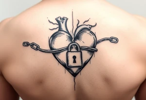 A small broken heart with a chain with a lock going across it trying to heal tattoo idea