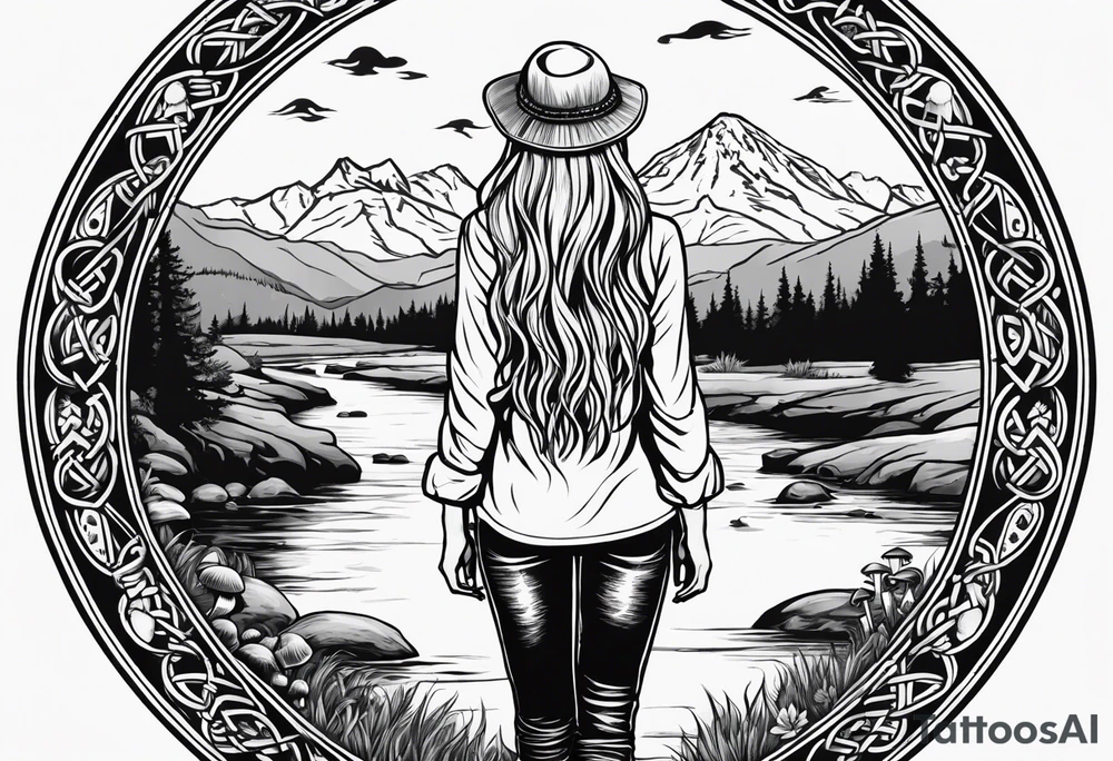 Whole picture encircled fully

Straight long blonde hair hippie girl in distance holding mushrooms in hand facing away toward mountains and creek surrounded by mushrooms long sleeve shirt and hiking pants; whole rendering within a full celtic circle border, no cut off circle tattoo idea