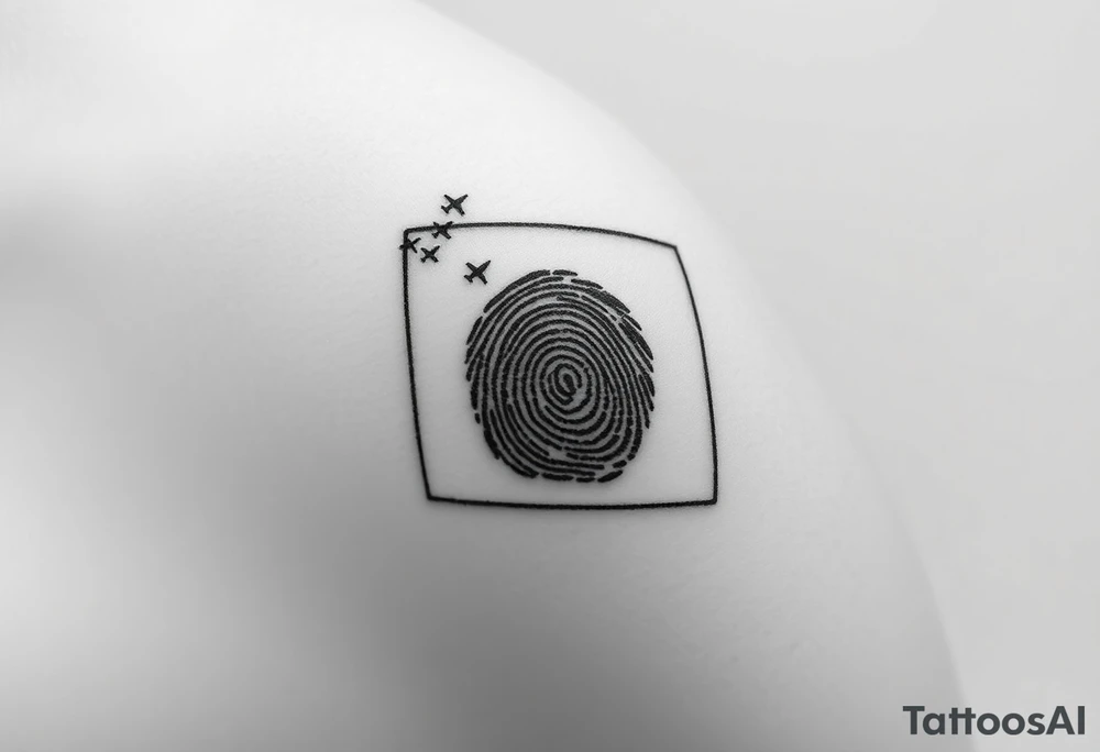 A rectangular or oval frame enclosing the fingerprint. Small planes fly out as if escaping or being released from the frame’s corner. Include a signature at the bottom of the frame

Signature: Etched into the bottom of the frame like an engraving. tattoo idea