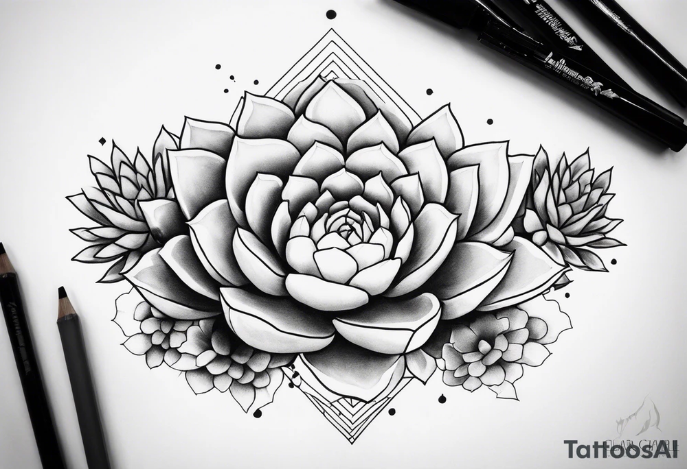 fine line. one big succulent in the middle. Two smaller succulents on the side. Dots and floral
. Sternum tattoo grey scale shading tattoo idea