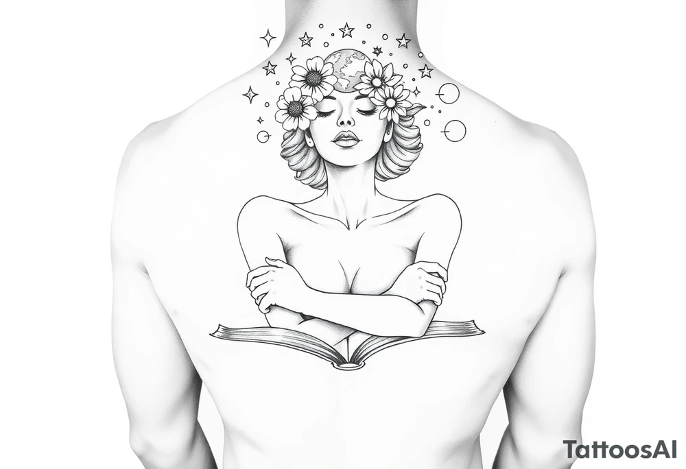 line art drawing of a womans torso coming from an open book. with stars, flowers and planets coming from her head above her nose with no facial features. her arms are crossed onto her shoulders like she is giving herself a hug, no breasts showing tattoo idea