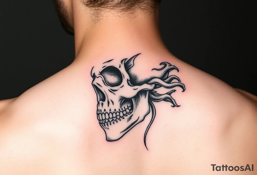 right side of a skull with majestic fungus out of its eyes and mouth tattoo idea