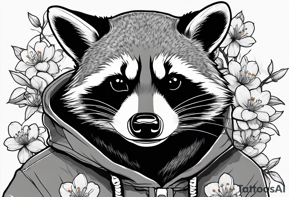 raccoon wearing a Superman hoodie with orange cherry blossoms tattoo idea