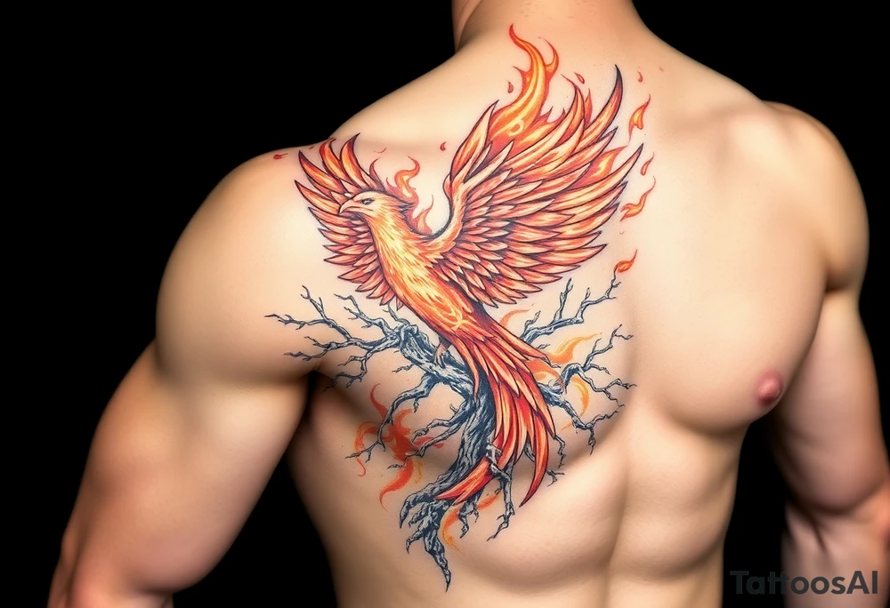 Powerful Phoenix feminine energy flames from within taking flight from tree of life tattoo idea