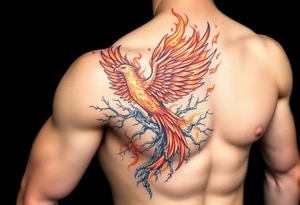 Powerful Phoenix feminine energy flames from within taking flight from tree of life tattoo idea