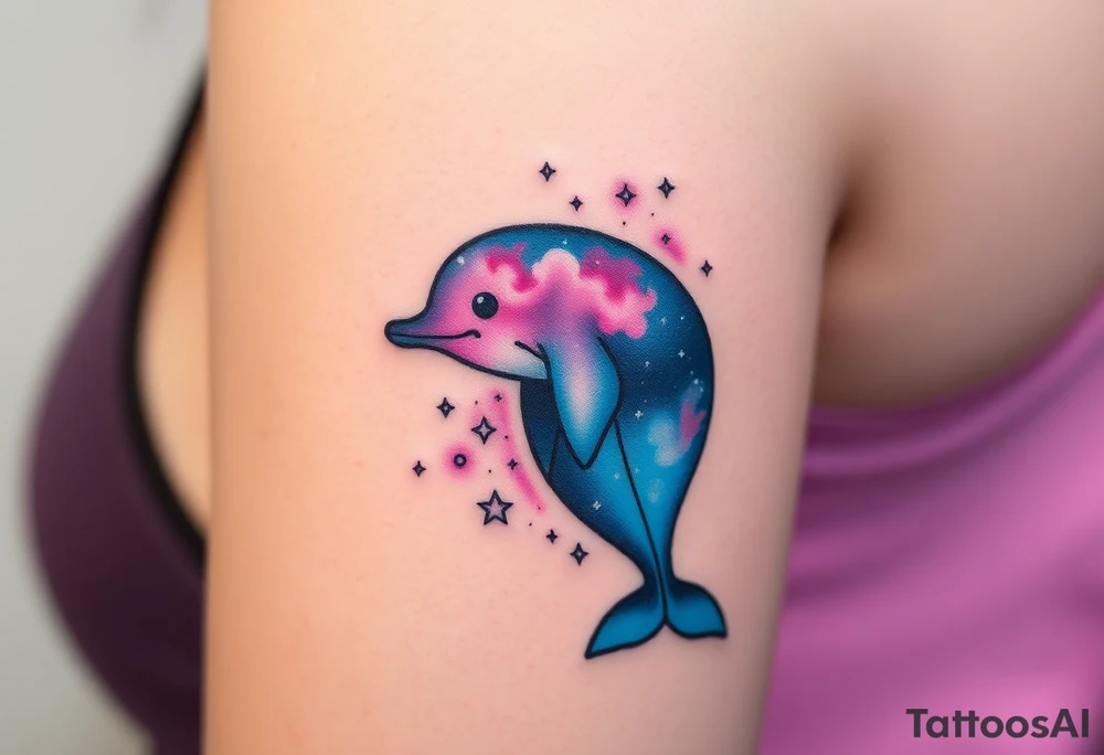 A celestial dolphin with a translucent body, filled with stars and nebula clouds in hues of midnight blue and magenta tattoo idea