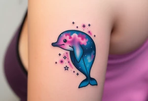 A celestial dolphin with a translucent body, filled with stars and nebula clouds in hues of midnight blue and magenta tattoo idea