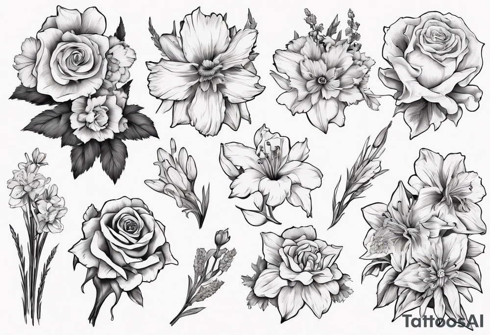 Flower bouquet with daffodil, rose, Larkspur, gladiolus, aster, marigold, chrysanthemum, narcissus tattoo idea