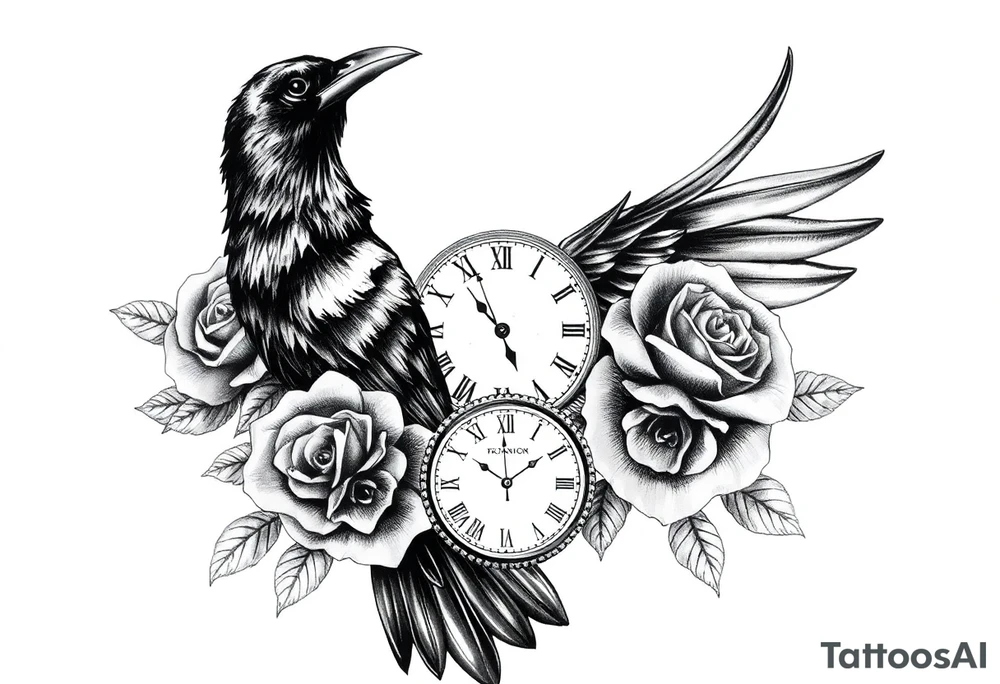 raven,roses,clock. tattoo idea