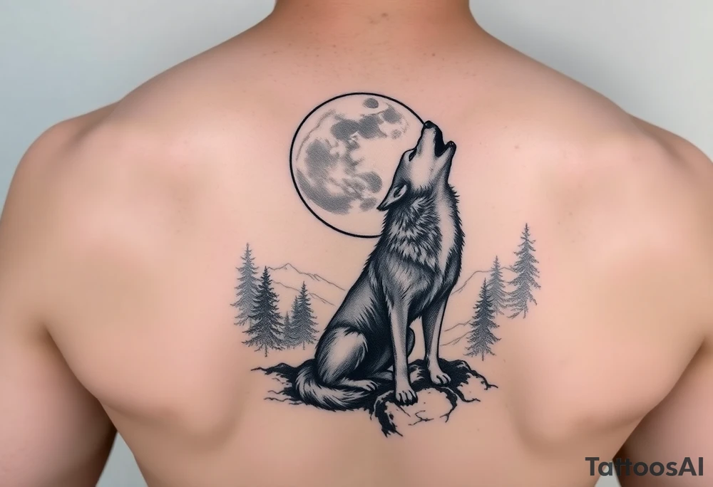 lone wolf howling at full moon with northern lights backdrop tattoo idea