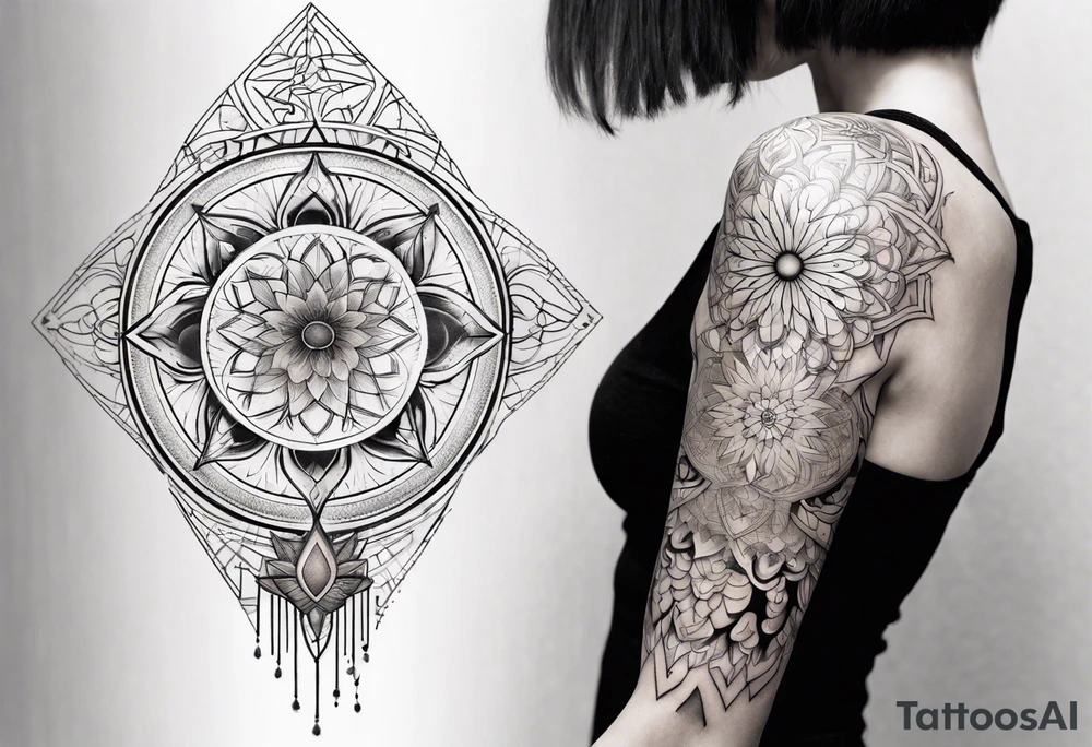 Sleeve tattoo on a woman's arm. Phoenix and mandala gold Flower and mandala Metatron's cube sacred geometry tattoo idea