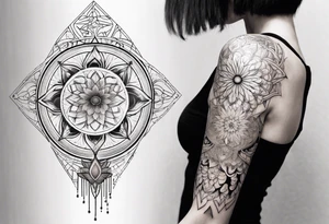 Sleeve tattoo on a woman's arm. Phoenix  and mandala gold Flower and mandala Metatron's cube sacred geometry tattoo idea
