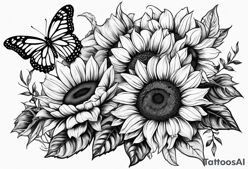 Arm sleeve with sunflowers and butterflies tattoo idea